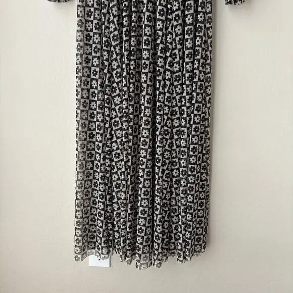 Dressed in Lala Dress Mesh Floral Checkered Long Sleeve Maxi Dress Black White S - Picture 4 of 8